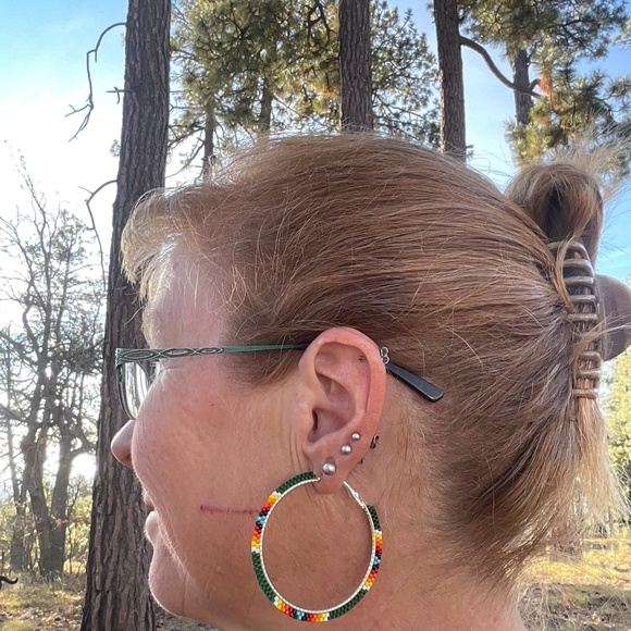 Forest Green with Native Colors 2inch Beaded Hoops, New, Handmade by Me - Picture 6 of 8